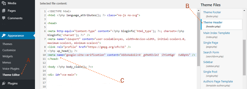 insert html tag into web header